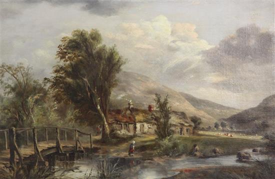 19th century English School Figures and cottages in a landscape, 12 x 18in,